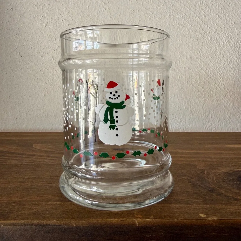 Vintage 1990 Anchor Hocking Snowman Holly Glass Votive Candle Holder Decor